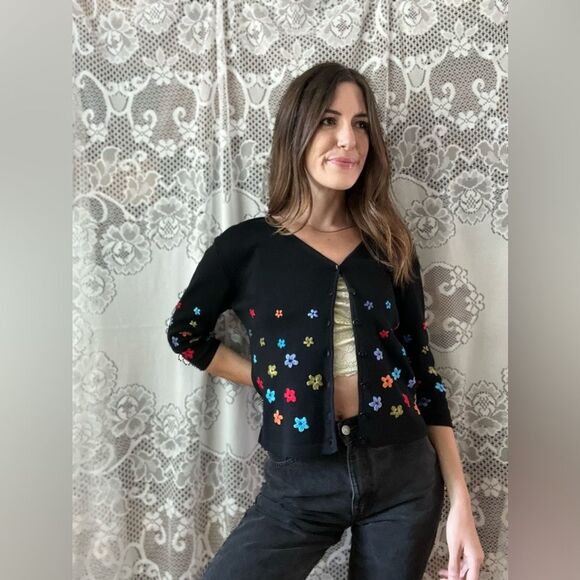 Vintage 80s CLIO Petites Black Silk Colorful Floral Embroidered Cardigan Sweater - Picture 10 of 14